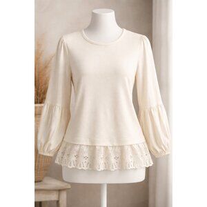 Cupio Blush Lace Hem Balloon Sleeve‎ Top Cream Viscose M NWT
